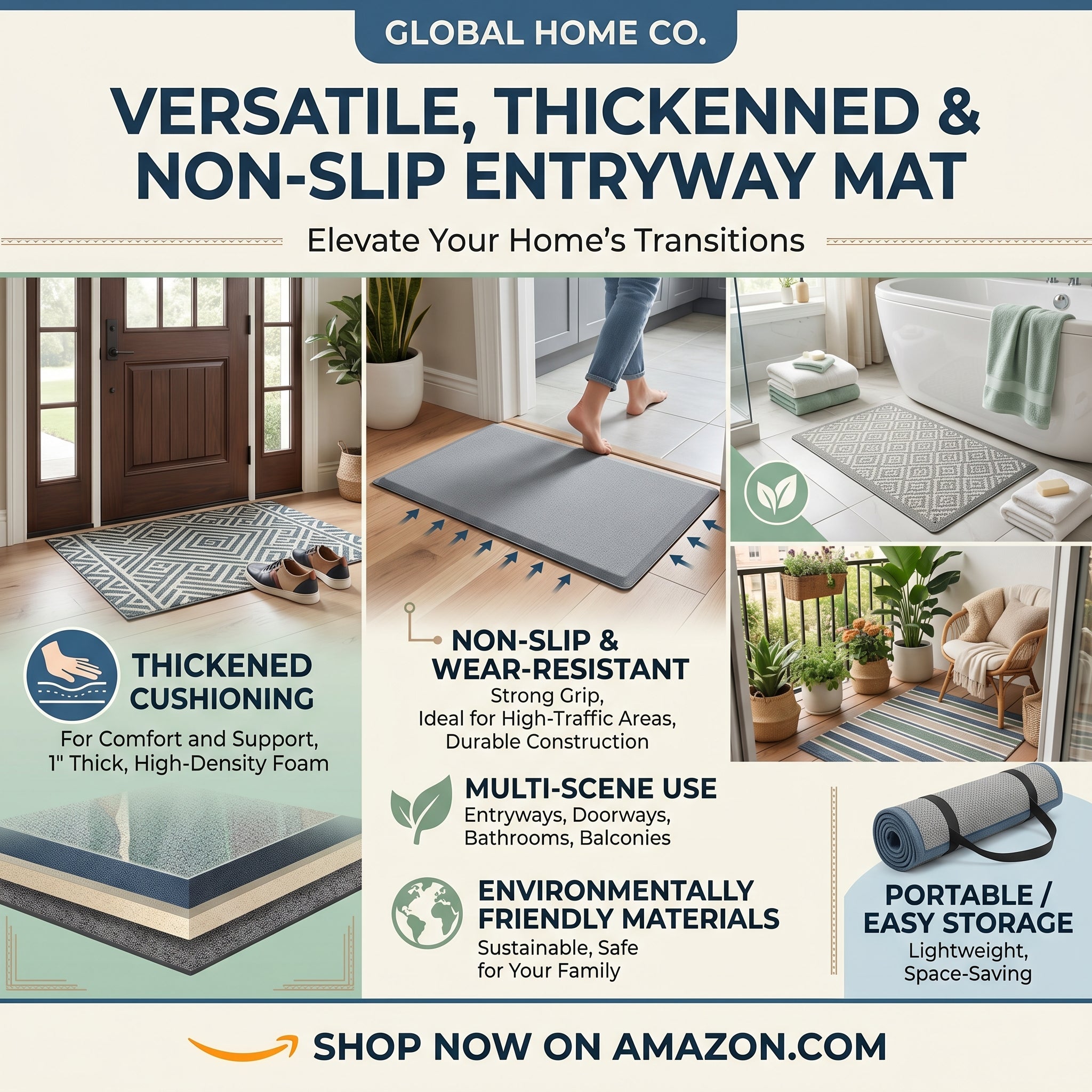 Thick Non-Slip Entrance Mat, Durable Doormat for Front Door Indoor Outdoor Dust Removal